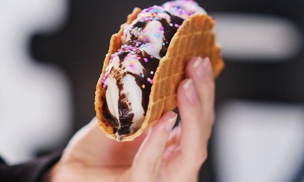 MODROCKERS sweet ice-cream waffle taco with chocolate sauce and sprinkles - Rosebank Restaurants 