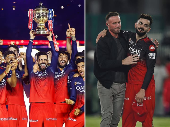 Virat Kohli, IPL trophy, Royal Challengers Bengaluru, IPL 2025, AB de Villiers, Chris Gayle, IPL final, Narendra Modi Stadium, cricket champions, cricket celebration, South African cricketer, West Indies cricketer, Bengaluru cricket team, IPL victory, sportsmanship, cricket fans, historic win, cricket legends, team dedication, Indian Premier League, Joburg ETC