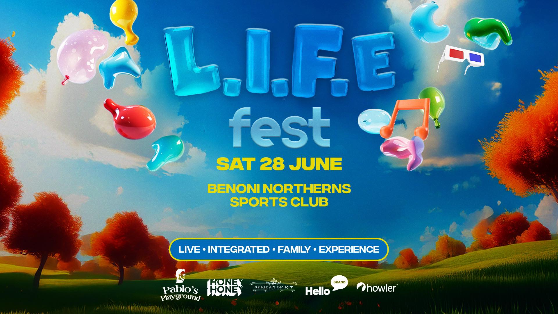 Families enjoying live music at LIFE Fest Benoni, vibrant food stalls serving Thai street food, shawarmas and boerie rolls, children playing on inflatable rides and obstacle courses, Springboks vs Barbarians rugby screening on a big outdoor screen, artists like Matthew Mole and Majozi performing on stage, community atmosphere near Johannesburg, family-friendly festival in Gauteng, kids under 12 free entry, local music and culture celebration, Benoni events 2025, proudly South African day out, Joburg ETC