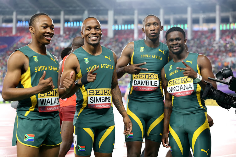 Akani Simbine crossing the finish line, 100m sprint, South African athletics, Diamond League winner, elite sprinter, consistent sub-10 runner, global track star. Bayanda Walaza in full flight, 19-year-old sprinter, record-breaking 9.94 seconds, fastest South African U20, future Olympic hopeful. Gift Leotlela powering through the 100m, national champion, comeback from injury, explosive sprint finish. Zakithi Nene leading the 400m pack, personal best 44.22 seconds, strong form, Rabat Diamond League, one-lap specialist. Udeme Okon and Leendert Koekemoer, young relay stars, 4x400m World Relays gold, rising South African talent, national record holders. Benjamin Richardson and Shaun Maswanganyi, powerful strides, next-generation sprinters, deep sprinting talent pool, Olympic potential, Joburg ETC