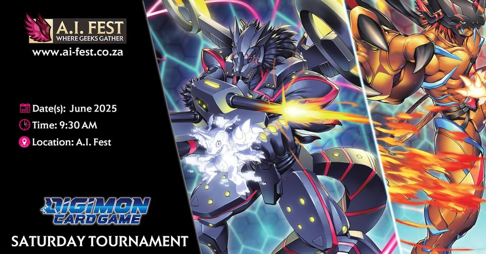 Digimon Card Game Johannesburg, trading card tournament, A.I. Fest Mulbarton, TCG community event, Joburg gaming culture, Digimon booster packs, constructed deck format, casual tournament, Johannesburg geek events, Joburg ETC