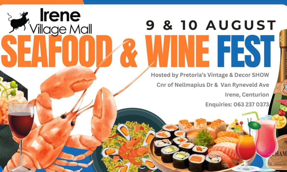 Festival crowd enjoying seafood at Irene Village Mall, woman holding a lobster donut, sushi platter at outdoor food court, wine glass clinking during live music, festival signage and food pop-ups, Centurion locals celebrating Woman’s Day, Joburg ETC