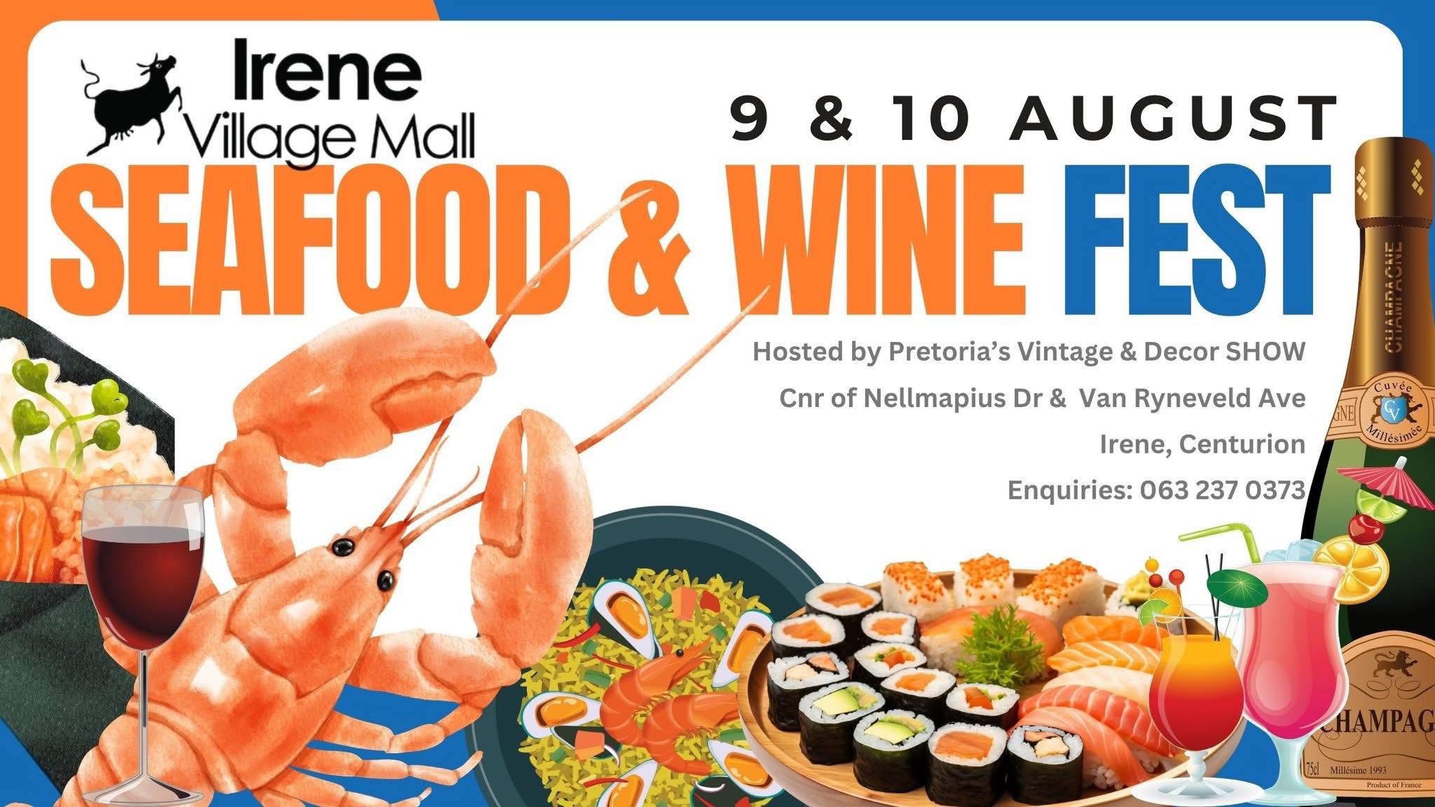 Festival crowd enjoying seafood at Irene Village Mall, woman holding a lobster donut, sushi platter at outdoor food court, wine glass clinking during live music, festival signage and food pop-ups, Centurion locals celebrating Woman’s Day, Joburg ETC