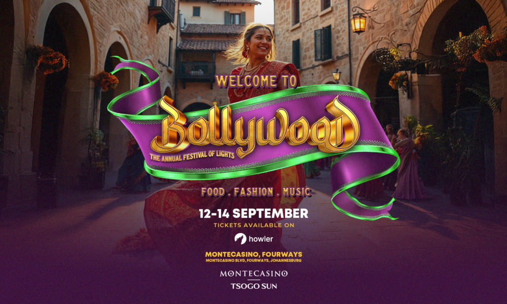 Bollywood dancers performing at Montecasino, Indian street food market, henna artist creating designs, festival stage with colourful lights, Joburg ETC
