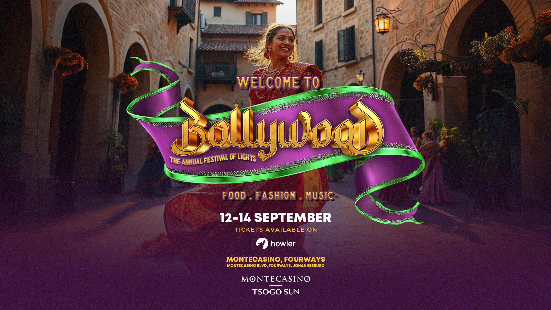 Bollywood dancers performing at Montecasino, Indian street food market, henna artist creating designs, festival stage with colourful lights, Joburg ETC