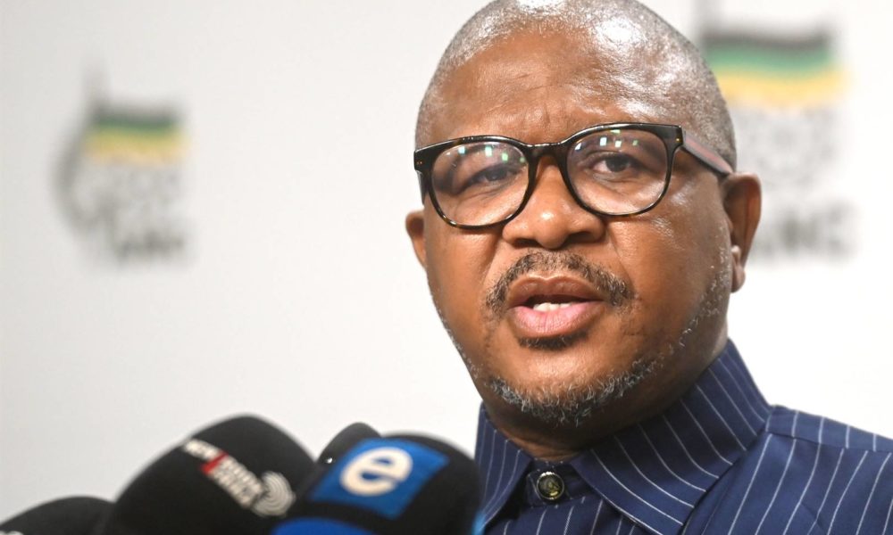 Malusi Gigaba speaking at ANC event, Senzo Mchunu looking serious, Fikile Mbalula addressing media, ANC headquarters in Johannesburg, ANC internal conflict, political analyst interview, Joburg ETC
