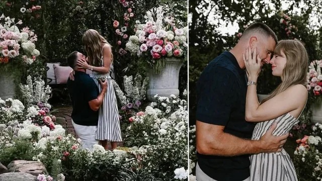 Taylor Swift Travis Kelce engagement, Hollywood celebrity engagement 2025, romantic garden proposal, Taylor Swift engagement ring, Chiefs Kingdom celebrates, celebrity wedding news, Joburg ETC