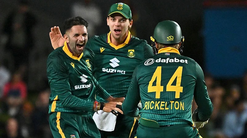 Keshav Maharaj celebrating five wicket haul, Proteas spinner, ODI cricket, world number one bowler, South Africa versus Australia, Joburg ETC