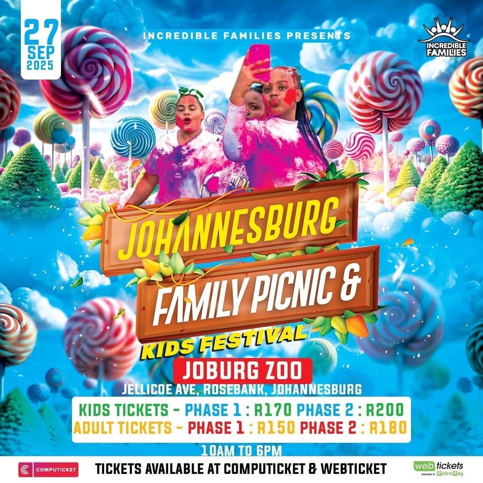 Joburg Family Picnic Zoo 2025, kids festival Johannesburg Zoo, family day out Joburg, colour splash picnic Johannesburg, carnival rides and games Joburg Zoo, Joburg ETC