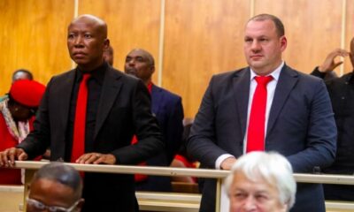 Julius Malema in court, East London magistrate courtroom, reaction outside court, political trial scene, verdict delivered, South African law, Joburg ETC
