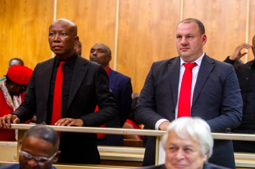 Julius Malema in court, East London magistrate courtroom, reaction outside court, political trial scene, verdict delivered, South African law, Joburg ETC