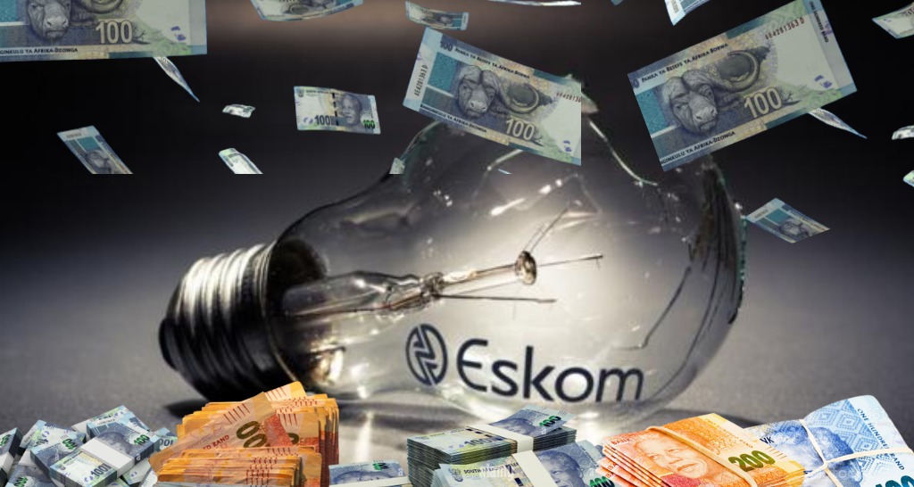 Eskom power station in South Africa, electricity pylons, taxpayer bailout, rising tariffs, energy crisis, municipal debt, South African economy