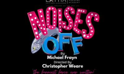 A lively theatre performance of Noises Off in Johannesburg, actors on stage at Montecasino, comedic farce with sardines and slamming doors, South African theatre students in full costume, LAMTA production directed by Chris Weare, audience enjoying slapstick chaos, Joburg ETC