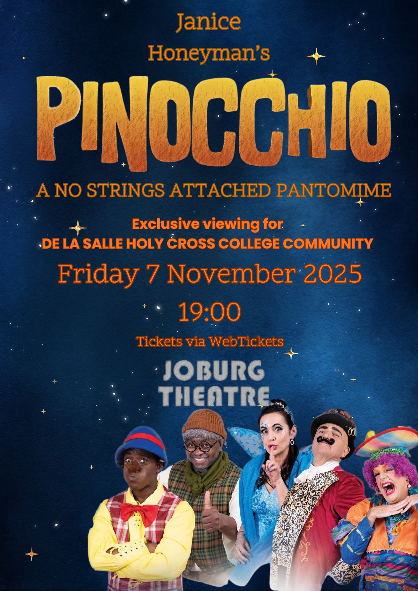 DLSHCC Pinocchio, Joburg Theatre Braamfontein, family pantomime Johannesburg, De La Salle Holy Cross College event, school fundraiser show, theatre night Johannesburg, Joburg ETC