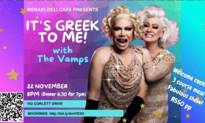Vamps Drag Show Johannesburg, Greek dinner event, drag performers Holly Diamond and Loulou Blu, Birnam nightlife experience, Jozi drag culture, Joburg ETC