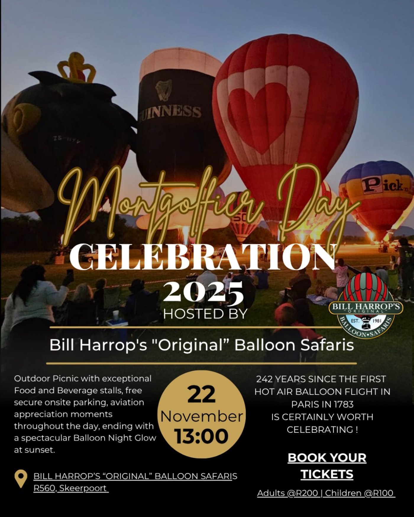 Montgolfier Day event, hot air balloon night glow, family picnic Magalies Valley, Bill Harrop Balloon Safaris, aviation themed family outing, Joburg ETC