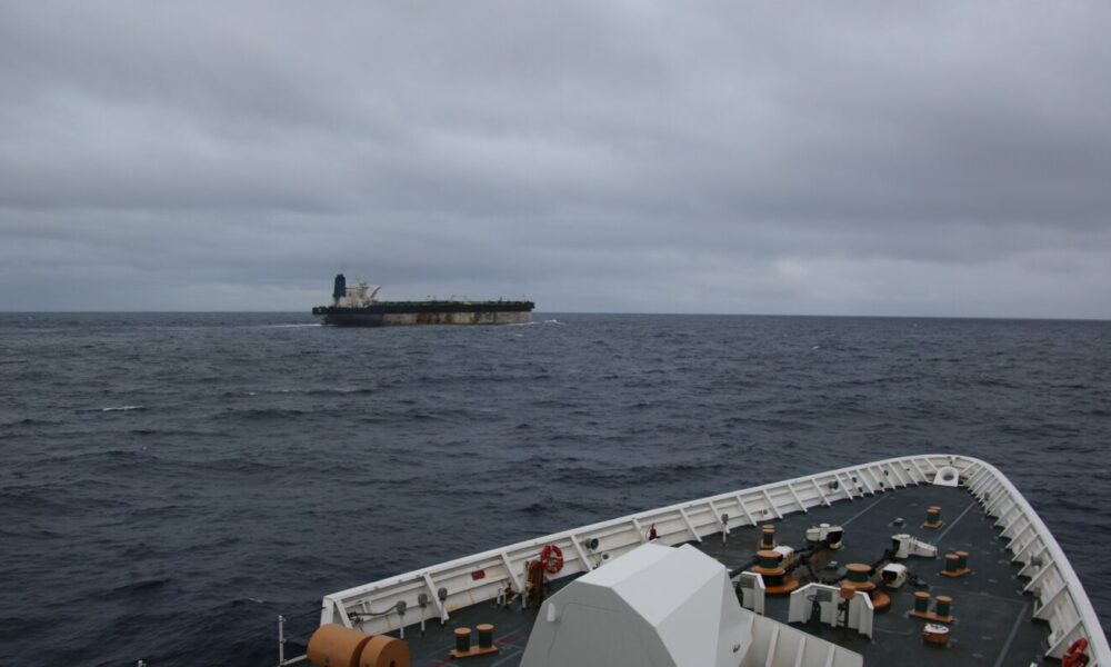 Marinera tanker at sea, Russian-flagged oil vessel, US military boarding ship, North Atlantic waters, international maritime dispute, Joburg ETC