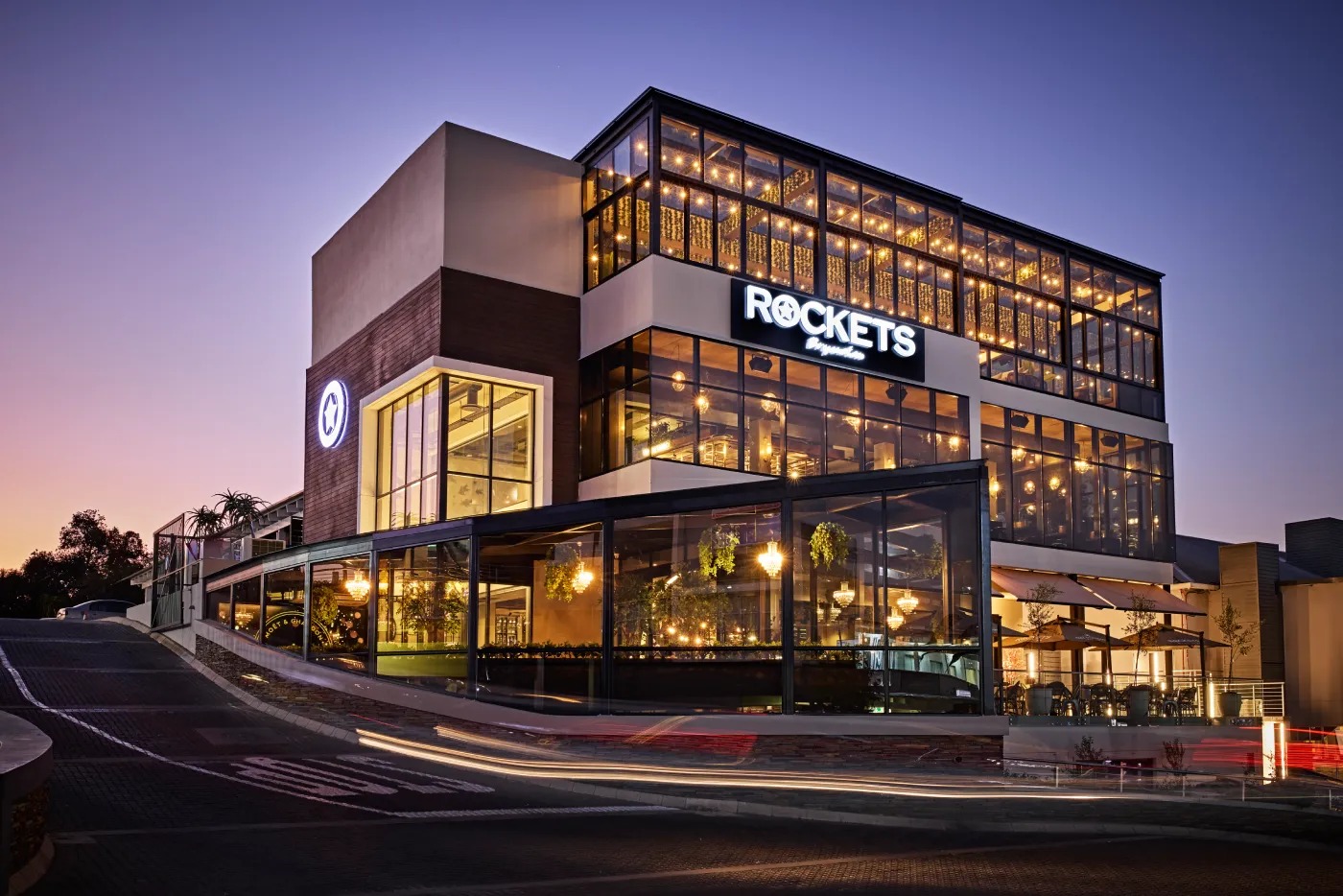 Rockets Bryanston exterior, Rockets rooftop lounge Bryanston, Champagne House Rockets Bryanston, Lolitas Lounge Rockets, luxury dining Bryanston, Joburg ETC