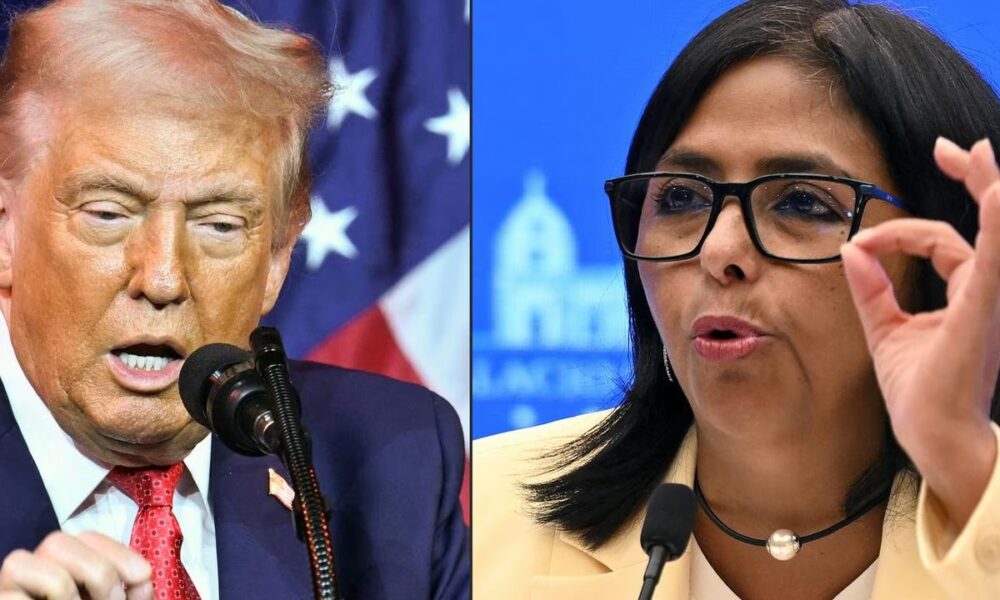 Trump on phone call, Delcy Rodríguez portrait, Venezuela interim leader talking, international diplomacy discussion, Venezuela US relations Joburg ETC