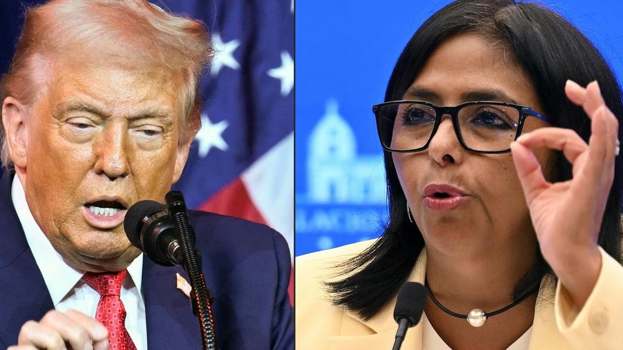 Trump on phone call, Delcy Rodríguez portrait, Venezuela interim leader talking, international diplomacy discussion, Venezuela US relations Joburg ETC