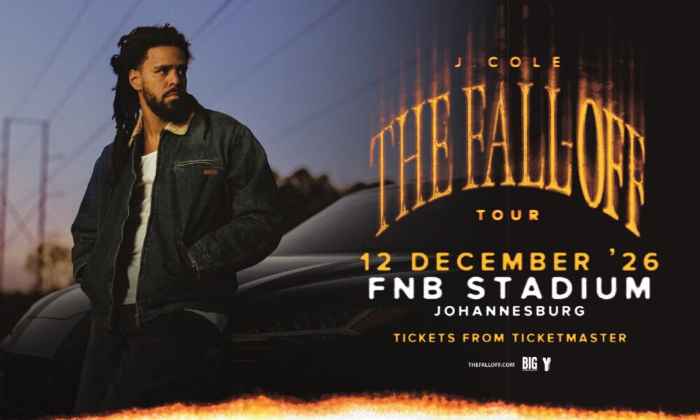 J Cole The Fall Off Tour 2026 poster, J Cole live concert stage, FNB Stadium Johannesburg concert, J Cole world tour dates 2026, hip hop stadium tour South Africa, J Cole performing live arena show, The Fall Off album 2026 cover art, Joburg ETC
