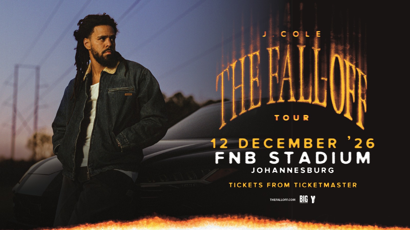 J Cole The Fall Off Tour 2026 poster, J Cole live concert stage, FNB Stadium Johannesburg concert, J Cole world tour dates 2026, hip hop stadium tour South Africa, J Cole performing live arena show, The Fall Off album 2026 cover art, Joburg ETC