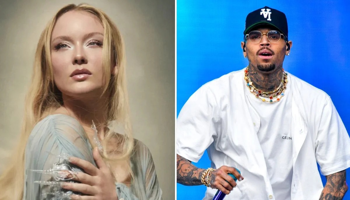 Zara Larsson portrait 2026, Zara Larsson Midnight Sun Tour stage, Chris Brown concert performance image, music industry accountability discussion, gender based violence awareness pop culture, celebrity playlist ethics debate, Joburg ETC