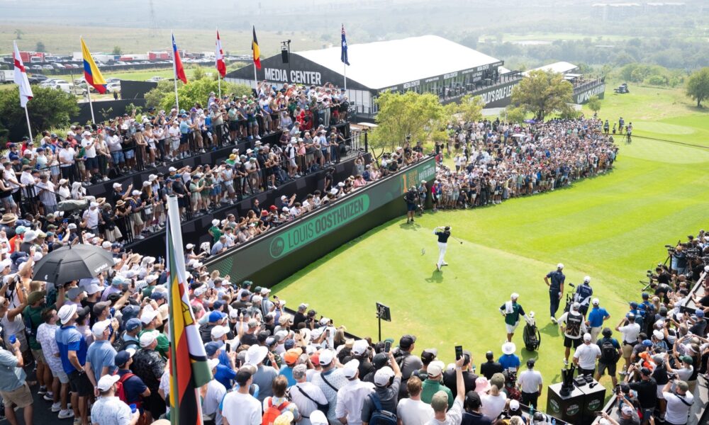 LIV Golf South Africa Steyn City, Southern Guards team South Africa golf, Bryson DeChambeau Steyn City round 1, Charles Howell III LIV Golf leader, Louis Oosthuizen Steyn City crowd, Branden Grace 7 under round, Charl Schwartzel golf South Africa, Midrand golf tournament crowd, LIV Golf Johannesburg event, Kikuyu rough Steyn City course, Joburg ETC